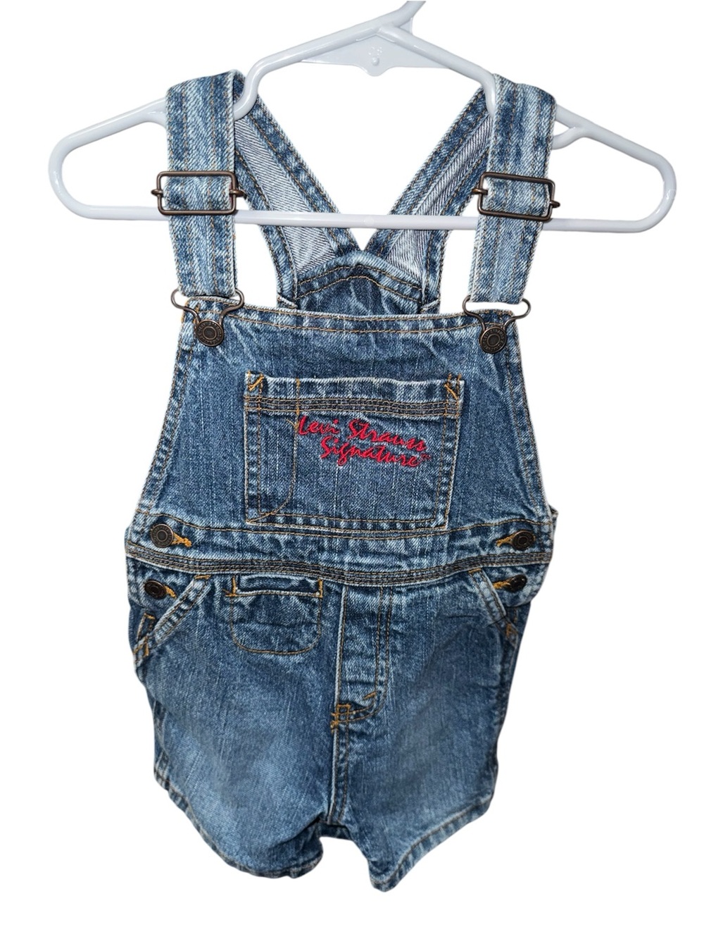 Levi's Blue Denim Kids Overall Shorts with Red Logo